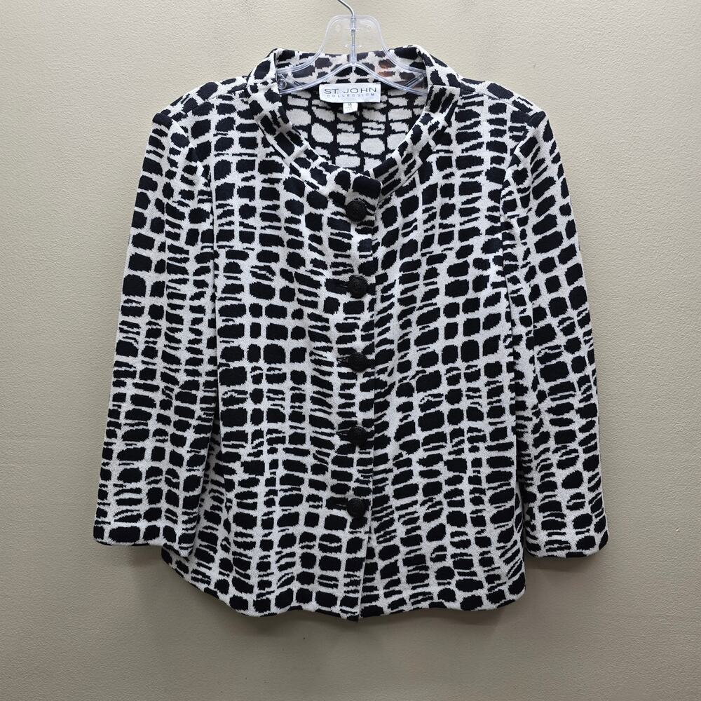 St. John Collection Knit Button Up Jacket Sz 10 Textured Geometric Black White
